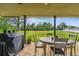 Covered outdoor dining area overlooking the lush backyard and mature landscaping, ideal for outdoor entertaining at 12915 Carlington Ln, Riverview, FL 33579