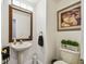 Charming powder room features pedestal sink, decorative mirror, and stylish accents creating an inviting space at 12915 Carlington Ln, Riverview, FL 33579