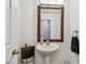 Elegant powder room with a pedestal sink, decorative mirror, and a clean, minimalist design at 12915 Carlington Ln, Riverview, FL 33579