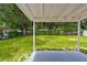 Covered patio overlooking a spacious backyard with a well-maintained lawn and mature trees at 2027 Balfour Cir, Tampa, FL 33619