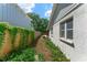 Narrow side yard with lush greenery and a wooden fence, providing privacy and a natural touch at 208 Se Lincoln N Cir, St Petersburg, FL 33703