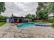 A beautifully landscaped backyard featuring a pool, spa, wooden deck, and lush greenery at 2192 Robinson Dr, St Petersburg, FL 33710