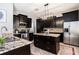 Modern kitchen features dark wood cabinets, stainless steel appliances, and a granite island with designer lighting at 4738 Bloom Dr, Plant City, FL 33566
