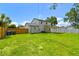 Expansive backyard featuring a well-maintained lawn, wooden fence and the home's exterior with a covered patio at 7806 N Matanzas Ave, Tampa, FL 33614