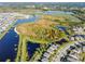 A high-angle view of suburban homes nestled close to a large wetland area, showcasing community living near nature at 19656 Long Lake Ranch Blvd, Lutz, FL 33558