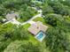 Aerial view of a home with a screened-in pool surrounded by lush greenery, showcasing its private setting at 2409 Heather Manor Ln, Lutz, FL 33549