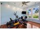 Spacious home gym showcasing an array of workout equipment and natural light at 8600 Shenandoah Run, Wesley Chapel, FL 33544