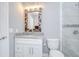 Updated bathroom featuring a vanity with a decorative mirror, and tiled glass shower at 9481 Highland Oak Dr # 1506, Tampa, FL 33647