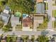Aerial perspective of a property featuring a pool, backyard, and neatly arranged housing complex at 11422 Brown Bear Ln, Port Richey, FL 34668