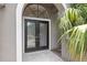 Close up of the double glass front door, and modern entryway, and palm tree at 15846 Glenarn Dr, Tampa, FL 33618
