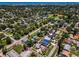 An aerial view showcasing a neighborhood with tree-lined streets, various home styles, and proximity to recreational areas and waterways at 1801 52Nd S St, Gulfport, FL 33707