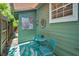 Charming back patio with table and chairs, features vibrant area rug and inviting decor at 1801 52Nd S St, Gulfport, FL 33707