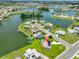 Aerial view showcases water access, pool, and lush landscaping of this waterfront property at 1811 Milford Cir, Sun City Center, FL 33573