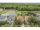 Aerial view of the home, showcasing lush landscaping and a peaceful pond setting at 27810 Sky Lake Cir, Wesley Chapel, FL 33544