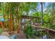 A backyard featuring a koi pond, hot tub, and covered patio, all surrounded by lush, tropical landscaping at 1042 S Sterling Ave, Tampa, FL 33629