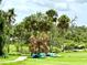 Lush backyard featuring palm trees, green grass, and canoes by the river offers the perfect outdoor retreat at 16413 Rivers Reach Blvd, Parrish, FL 34219
