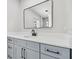 Bathroom vanity with grey cabinets, black hardware, and a modern mirror at 18504 Putters Pl, Tampa, FL 33647