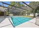 A beautiful screened in backyard pool with clear water, surrounded by a large patio and lush greenery at 18504 Putters Pl, Tampa, FL 33647