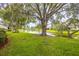 Spacious backyard featuring mature trees, lush grass, and serene views of the lake at 200 Gretchen Ct, Oldsmar, FL 34677