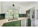 Modern kitchen featuring green cabinets, stainless steel appliances, and natural light at 8402 Roxboro Dr, Hudson, FL 34667