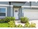 Close-up view of the home's entrance, showcasing the stylish front door and well-kept landscaping at 10270 Shady Preserve Dr, Riverview, FL 33578