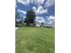 Large green grassy area and backyard featuring a shed that allows for storage in this waterfront property at 33 Cypress Dr, Palm Harbor, FL 34684