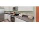 A kitchen with stainless steel appliances, white cabinets, and dark grey countertops at 17469 Spanish Oak Loop, Land O Lakes, FL 34638