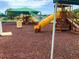 Community playground with slides, climbing structure, and safety mulch ground cover under protective shade canopy at 5154 Balsam Dr, Land O Lakes, FL 34639