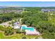 Overhead view of community pool with lounge chairs, trees, and verdant landscaping at 6218 Magnolia Park Blvd, Riverview, FL 33578