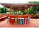 Outdoor bar featuring colorful stools and unique license plate decor for an entertaining backyard experience at 101 N Corona Ave, Clearwater, FL 33765
