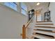 Carpeted stairs with white risers and wooden handrail lead to the upper level at 6412 Mayra Shores Ln, Apollo Beach, FL 33572