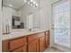 Bright bathroom featuring wood cabinets, light countertops, large mirror, and direct access to the outdoors at 22623 Cliffside Way, Land O Lakes, FL 34639