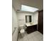 Bathroom features a skylight, toilet, vanity, and countertop with ample lighting at 4106 Old Mulberry Rd, Plant City, FL 33567