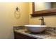 Close-up of powder room's round vessel sink, granite countertop, and designer faucet at 4117 Daventry Ln, Palm Harbor, FL 34685
