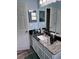 Bathroom featuring a granite countertop, white cabinets and grey wood-look flooring at 4217 Balington Dr, Valrico, FL 33596