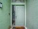 Exterior front door with sidelight, welcome mat, and light fixture at 9707 Kings Canyon Pl, Tampa, FL 33634