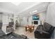 Open-concept living room with a stone fireplace, comfortable seating, and plenty of natural light at 2567 Frisco Dr, Clearwater, FL 33761