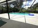 Screened-in pool area with a pool, lush landscaping, and clear skies at 713 Rustic Oaks Dr, Palm Harbor, FL 34684