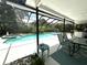 Screened pool with a jacuzzi, lush landscape, and blue skies at 713 Rustic Oaks Dr, Palm Harbor, FL 34684