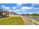Green backyard with a white fence and a view of the lake at 9456 Channing Hill Dr, Sun City Center, FL 33573