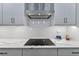 Close-up of the kitchen cooktop with white subway tile backsplash and range hood at 12928 Twin Bridges Dr, Riverview, FL 33579