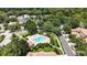 Aerial view of a community pool featuring manicured landscaping, a covered gazebo, and plenty of lounge chairs at 17544 Fairmeadow Dr, Tampa, FL 33647