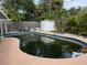 View of the outdoor swimming pool with surrounding patio area and the fence with overgrown landscaping at 1878 New Hampshire Ne Ave, St Petersburg, FL 33703
