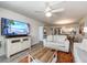 Relax in this cozy living room featuring stylish furnishings, a large TV, and a ceiling fan at 20002 Gulf Blvd # 2803, Indian Shores, FL 33785