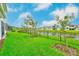 Lush green backyard featuring a metal fence and young trees at 8717 Sanders Tree Loop, Wesley Chapel, FL 33545