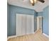 Bedroom showcasing light hardwood floors, blue walls, white trim, and a closet with bi-fold doors at 12305 Freesia Ct, Riverview, FL 33569