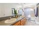 Bright bathroom featuring a double sink vanity, large mirror, and a combined shower and tub at 23346 Abercorn Ln, Land O Lakes, FL 34639