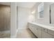 Bathroom with double vanity, tiled shower, and sleek, modern fixtures at 15003 Rider Pass Dr, Lithia, FL 33547