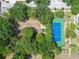 Aerial view of a meticulously maintained blue tennis court nestled among mature trees at 15209 Hammock Chase Ct, Odessa, FL 33556