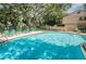 A community pool has crystal clear water and lounge chairs for residents to enjoy the Florida sunshine at 878 Franklin Cir, Palm Harbor, FL 34683